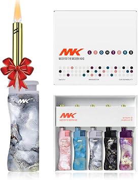 5pc MK Lighter Refillable Butane Lighters Windproof Torch Flame, Multipurpose Jet Flame Butane with Long Wand for Indoor & Outdoor Use Gift Couples Friends Family Marble - 5PCS