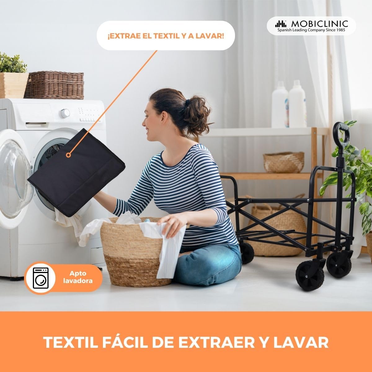 Mobiclinic®, Carrello da trasporto pieghevole, Per la spiaggia e il giardino, Manico regolabile, Ruote fuoristrada 360º, Impermeabile, Acciaio, PVC, Nero (71x47x50cm)