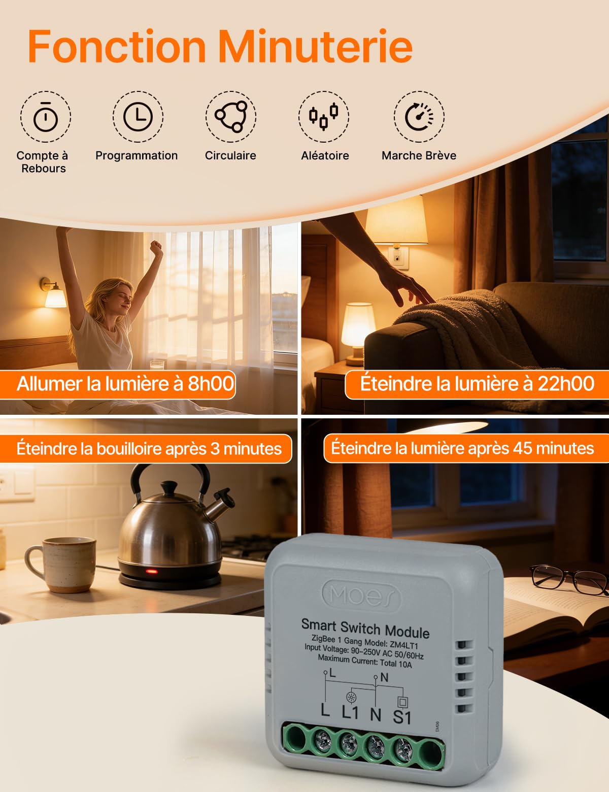 MOES Zigbee Interrupteur d'Éclairage Encastré 1 Voie | Mini module de relais intelligent, conducteur neutre et passerelle Zigbee requis, compatible Tuya