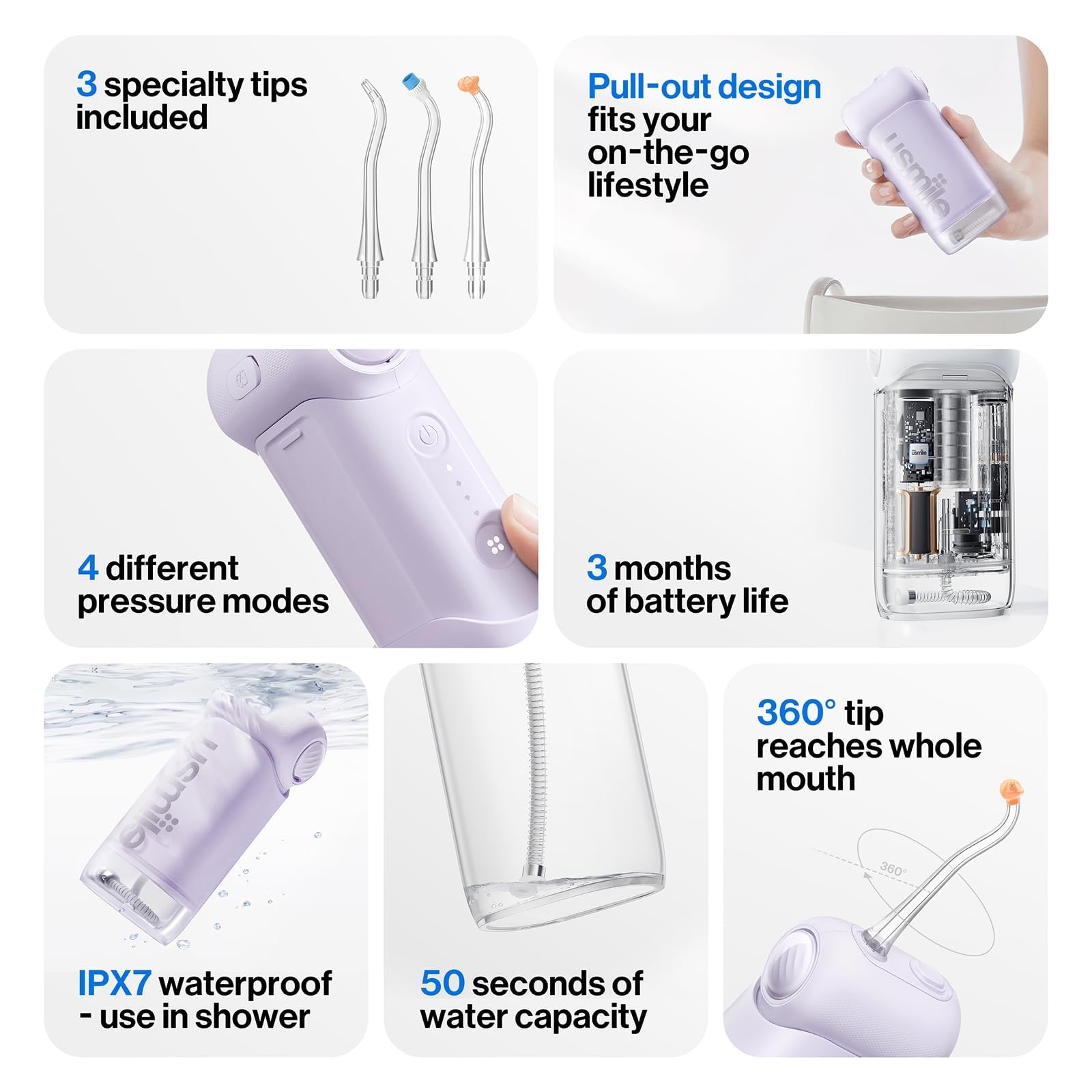 usmile Idropulsore portatile C10 da viaggio – pieghevole, ricaricabile USB-C, 4 modalità, impermeabile IPX7, lunga durata della batteria, irrigatore orale per apparecchi ortodontici, impianti e