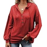 Womens Button Sweatshirt V Neck Long Sleeve Drawstring Hoodies Fall Henley Shirt Going Out Oversized Pullover Tops