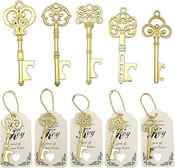 50 PCS Key Bottle Openers,Bridal Shower Favors,Rustic Wedding Favors,Gifts,Decorations or Souvenirs for guests Bulk ,Bridal Shower Party Favors with Card Tag and Chains Gold