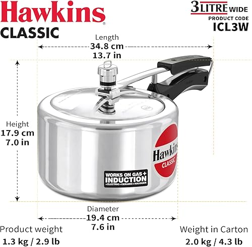 Miniatura 4 de Hawkins Olla a presión clásica de aluminio con tapa interior de 3 litros, olla de inducción, olla de sartén de diseño ancho, mejor cocina, plata