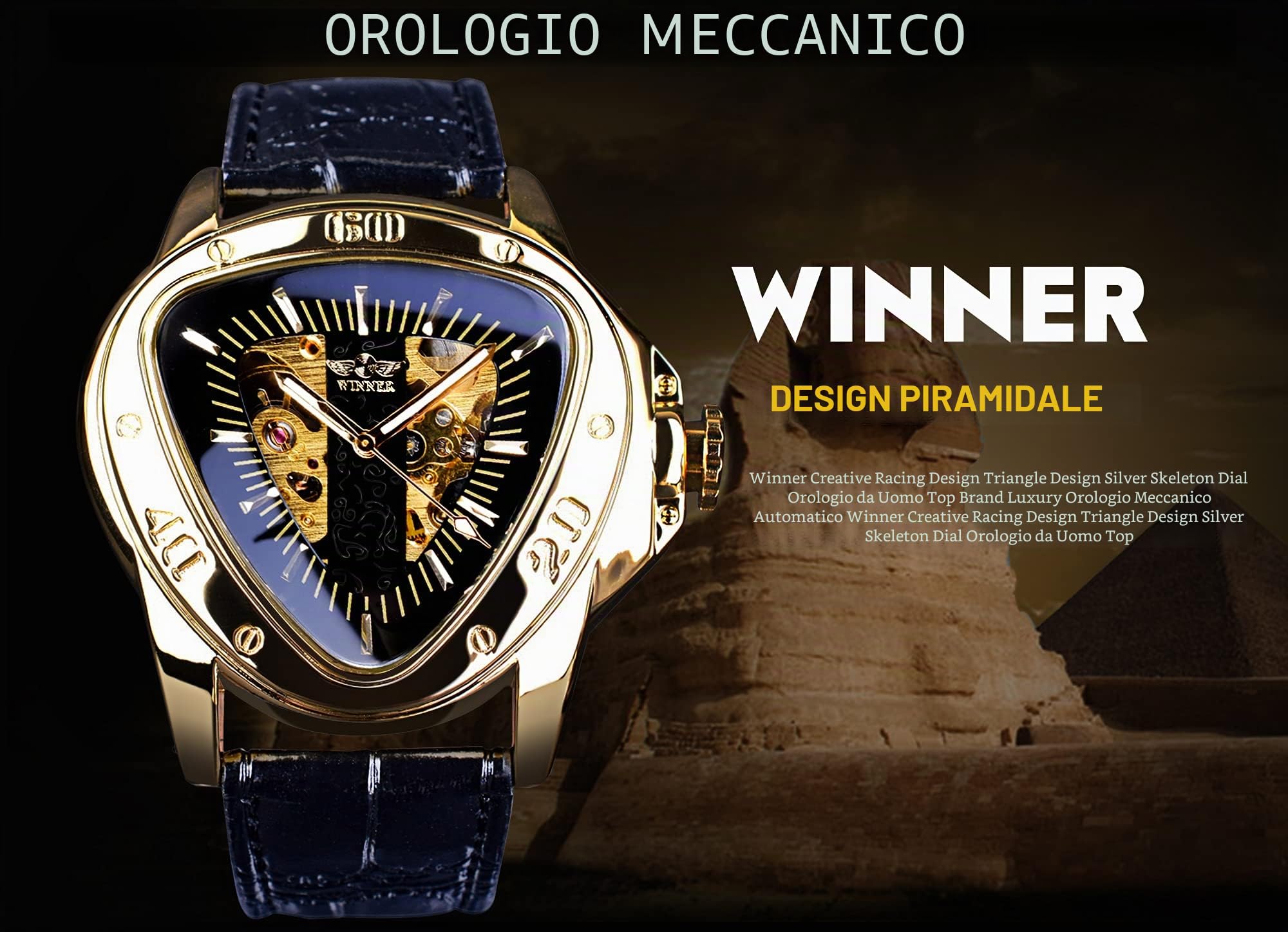 Winner - Orologio da polso meccanico a triangolo, alla moda, impermeabile, quadrante scheletrato dorato, movimento automatico, design in pelle, orologio meccanico da uomo