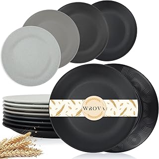 Wrova Wheat Straw Dinner Plates 10 Inch Unbreakable Set of 8 - Dishwasher & Microwave Safe Plastic Plates Reusable - Lightweight Plates for kitchen,camping,salad - Black to Grey