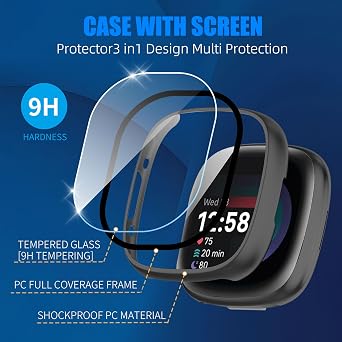 3 Pack for Fitbit Sense 2 / Versa 4 Screen Protector Case [Full Coverage], Hard PC Bumper All-Around Protective Accessories for Fitbit Sense 2 / Versa 4 Built-in Tempered Glass Film