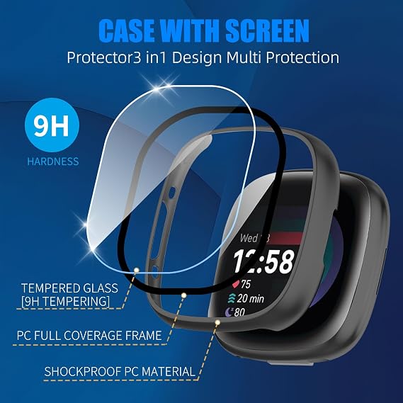 3 Pack for Fitbit Sense 2 / Versa 4 Screen Protector Case [Full Coverage], Hard PC Bumper All-Around Protective Accessories for Fitbit Sense 2 / Versa 4 Built-in Tempered Glass Film