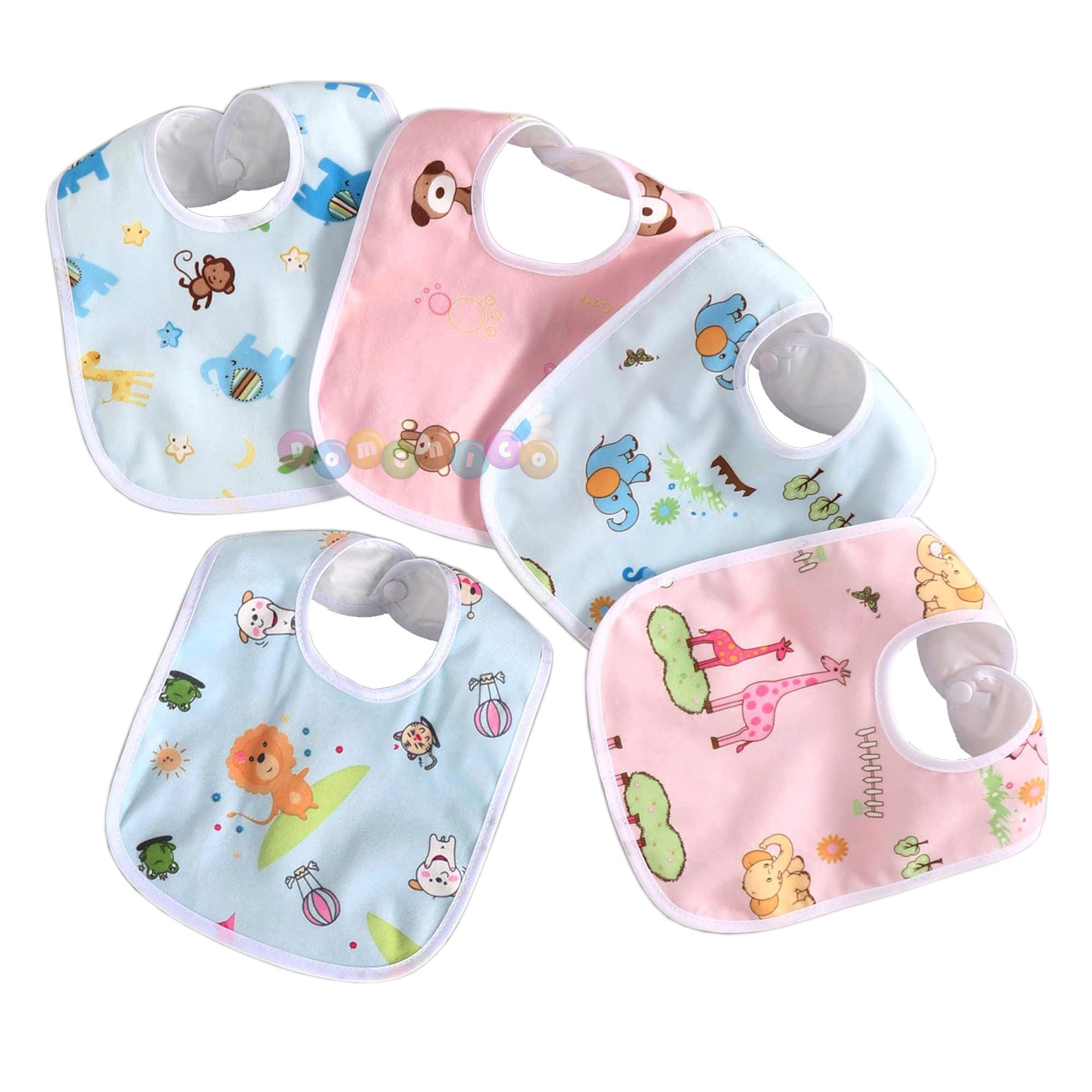 DOMENICO Baby Soft Feeding Bibs/Apron Cute Multi Print|with Tich Button| Waterproof Newborn Baby Bib Set