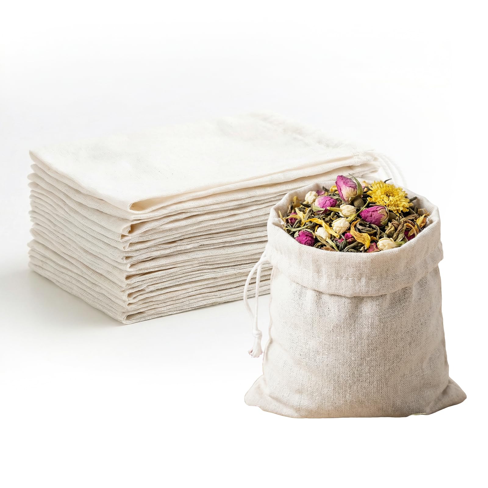 50 Pack Muslin Bags for Cooking, Reusable Cotton Drawstring Spice Bags for Cooking & Reusable Tea Bags, 8 x 10 cm Fine Mesh Spice Bag for Herbs, Soups and Loose Tea