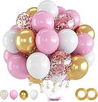 Vista 19 de Juego de 60 globos de color morado y blanco para cumpleaños de niñas, temática de princesa con confeti dorado, globos de látex de 12 pulgadas