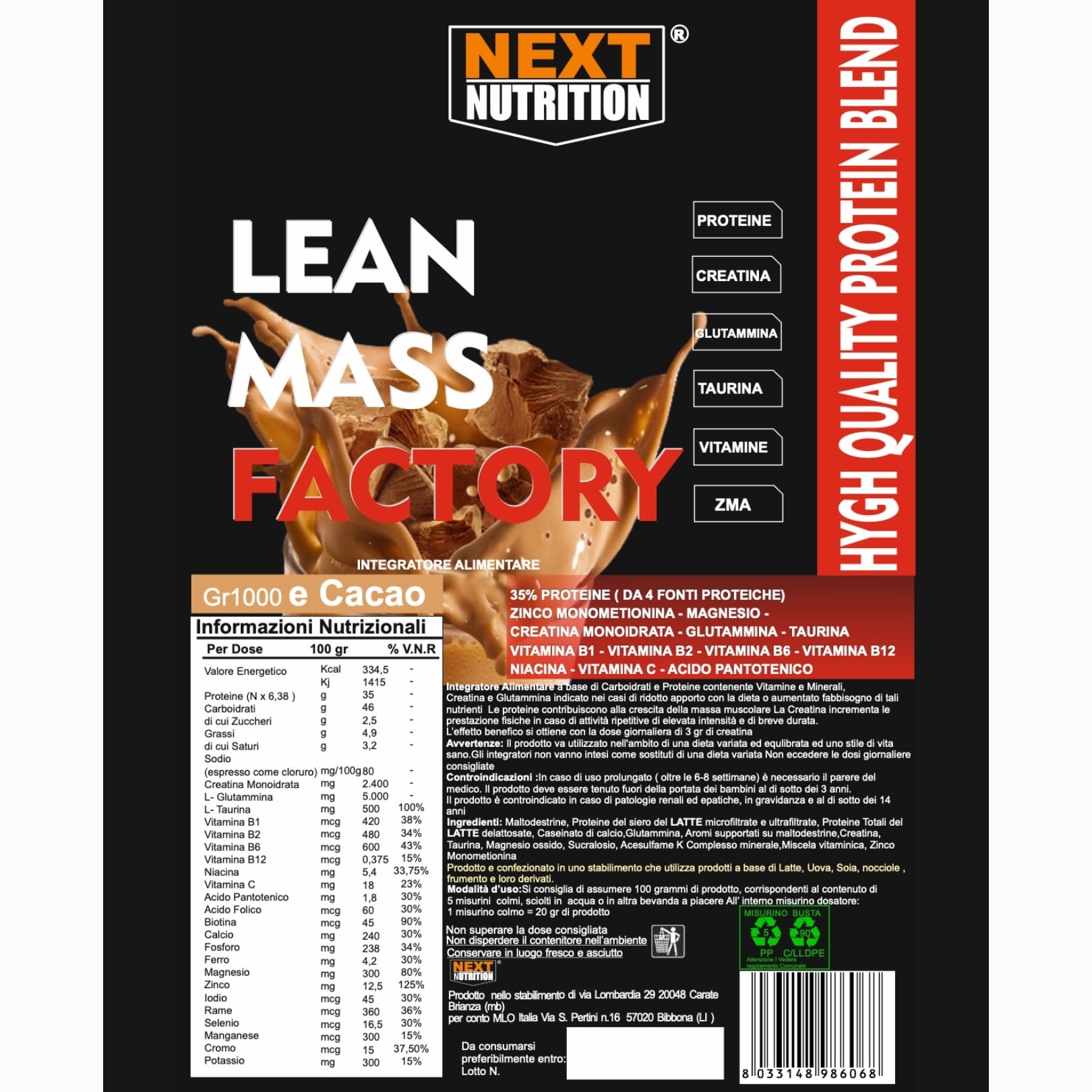 Proteine Aumento Massa Muscolare Gainer LEAN MASS FACTORY Gr 1000 Gusto Vaniglia Con Creatina Glutammina Taurina ZMA Vitamine Senza aspartame Recupero Muscolare