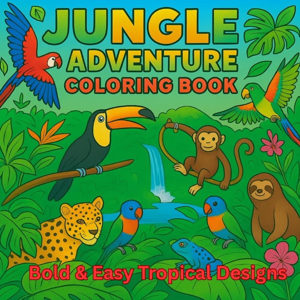 Jungle Adventure Coloring Book: 50 Bold & Easy Exotic Birds, Jungle Animals, Tropical Plants and Waterfall Scenes for Kids & Adults (Nature coloring book series)