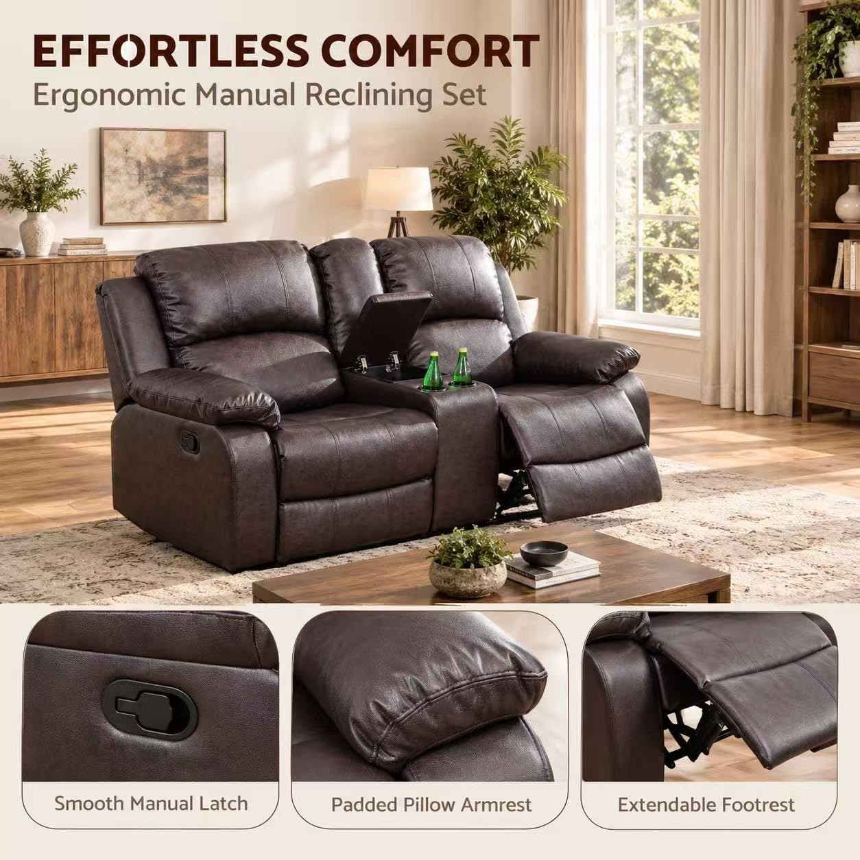 Toseslo Manual Recliner Loveseat Set, Living Room Furniture Sets, 2 Seater Modern Reclining Couches, Brown Leather Reclining Couch Sets with Storage Console/Cup Holder for Living Room/Apartment view 5