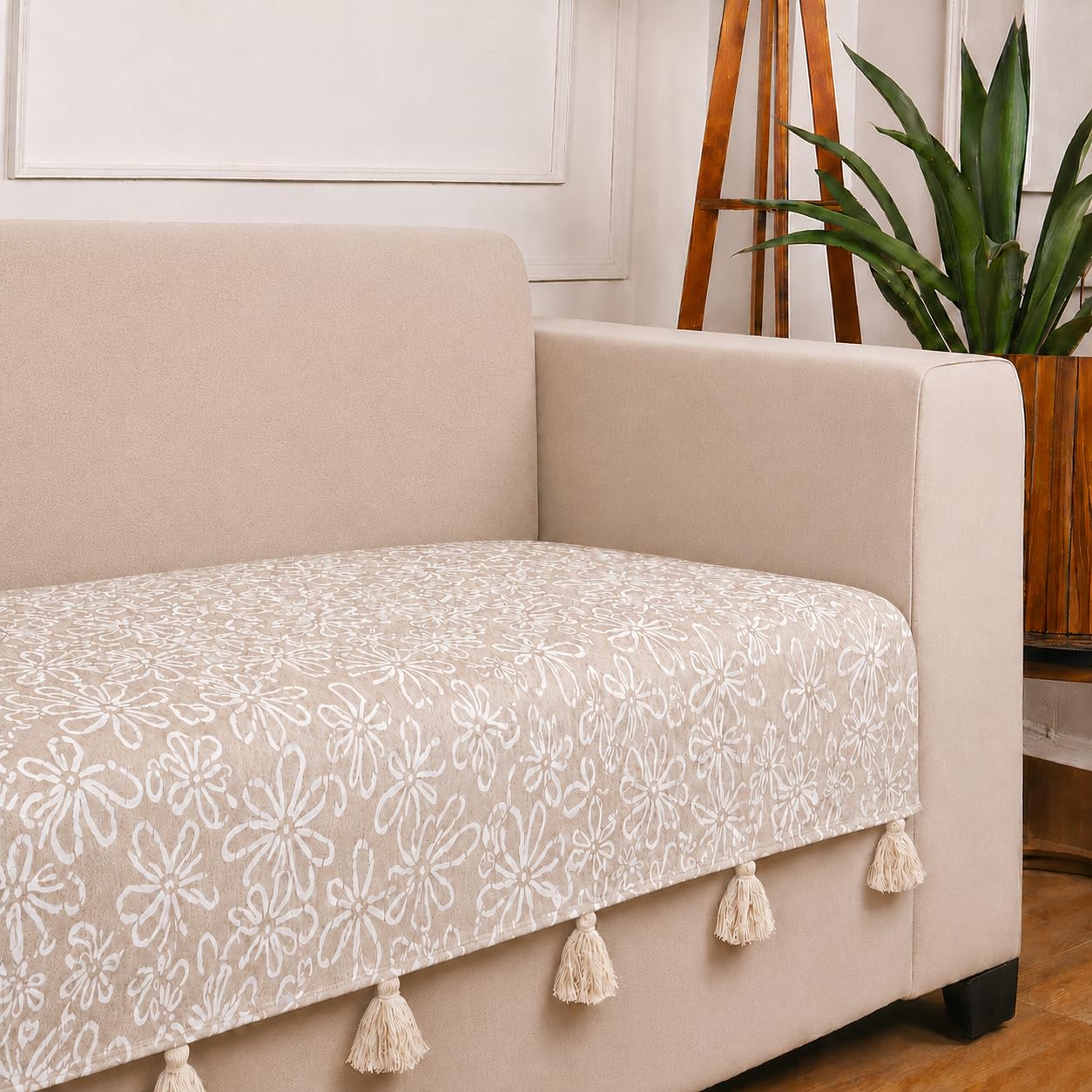 STITCHNEST 'Verdant Phool Stories' 3 Seater Sofa Cover| Elegant Jacquard Fabric, Decorative Tassels, Washable & Durable for Modern Living