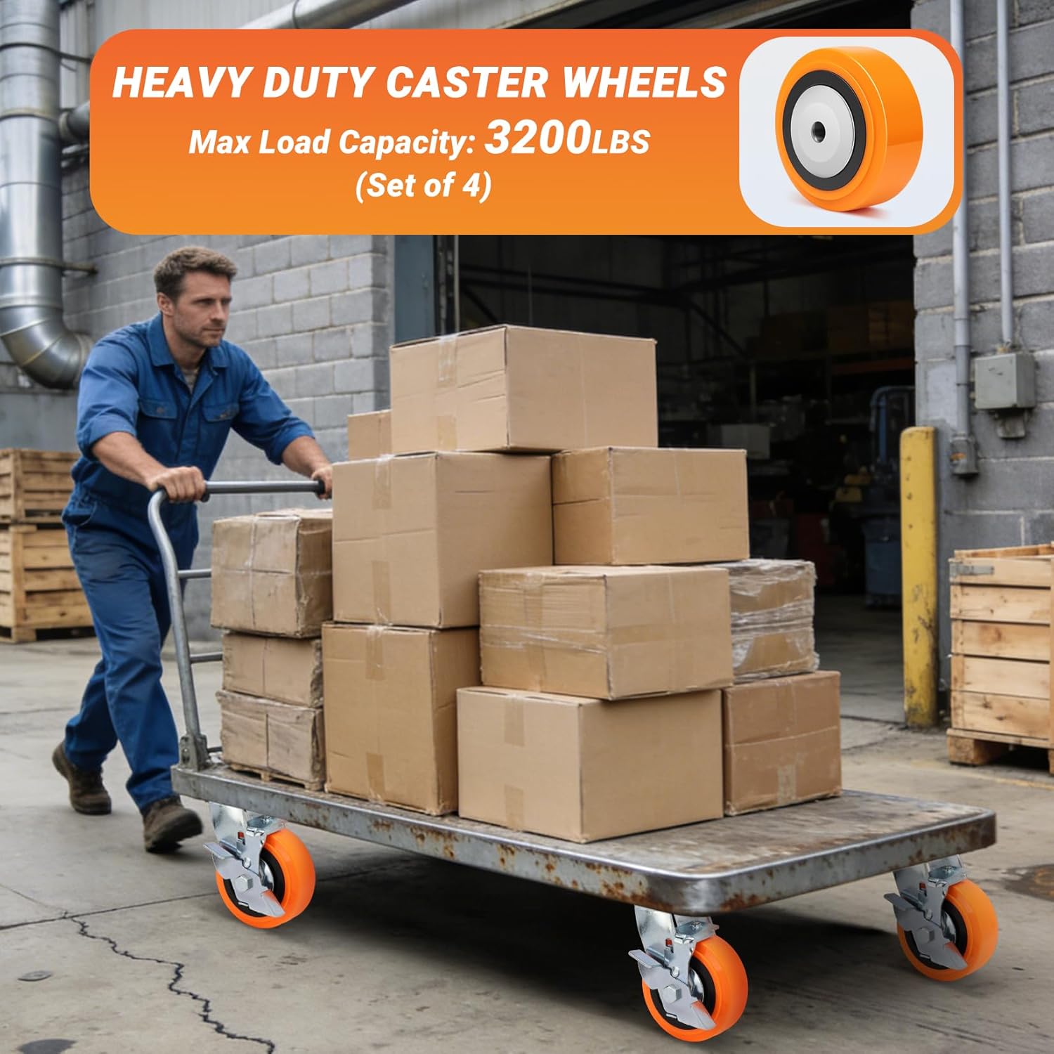 5'' x 2'' Heavy Duty Replacement Wheels, 1/2'' Bore Thick Polyurethane Wheels on Polyolefin Core with Roller Bearing, Non-Marking Wheels 3200 LBS Capacity, Use for Cabinet, Trucks(4 Pack)