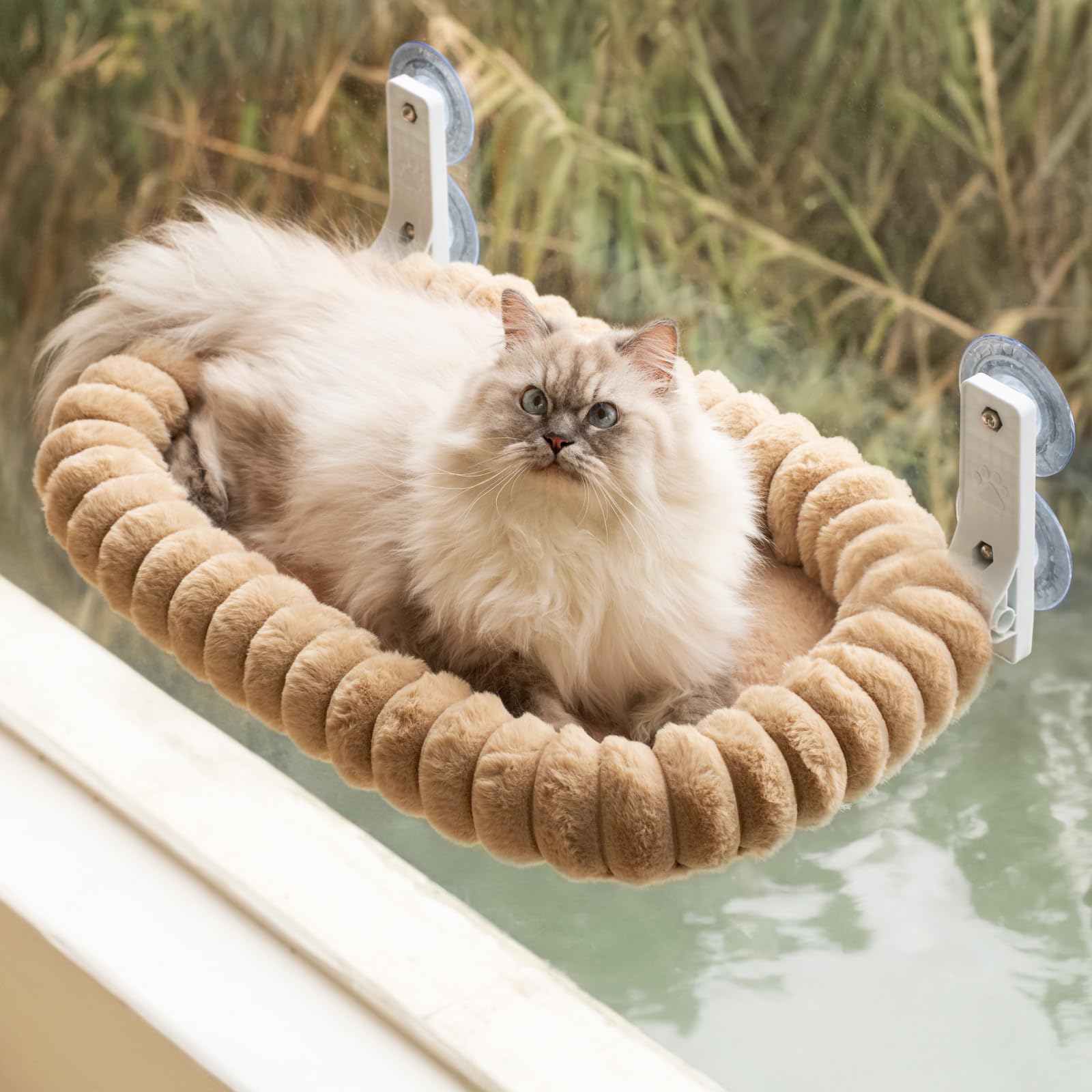 MEWOOFUN Plüsch Katzen hängematte Fenster mit abnehmbarem wendbarem Bezug – weicher Katzen fensterliege mit verdicktem Stahlrahmen, katzenbett Fenster mit 4 Saugnäpfen Stabiler Halt bis 18kg, Kamel