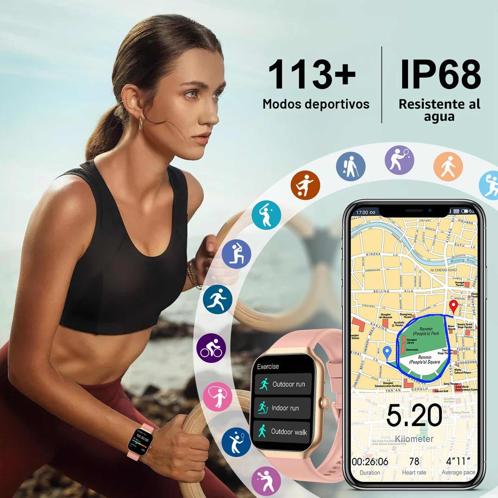 Jugeman Reloj Inteligente Hombre Mujer, 1.96" Pantalla Táctil Smartwatch con Llamada Bluetooth, 113+ Modos Deportivos, Pulsera Actividad Impermeable IP68 para Android iOS