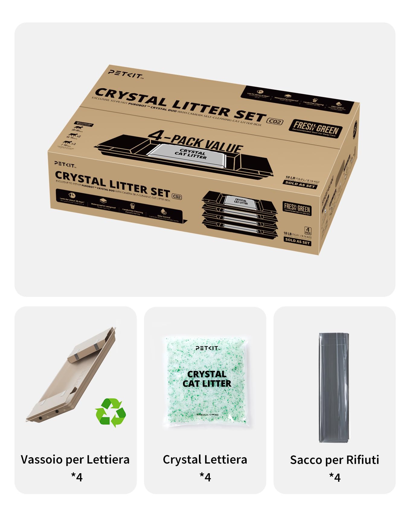 PETKIT Lettiera per Gatti Crystal, Lettiera per Gatti non Agglomerante, Compatibile con PUROBOT CRYSTAL DUO, Eliminazione Multi-odore, Antipolvere, Leggera e Pronta, Ricambio Diretto, 4 Sacchi, Verde