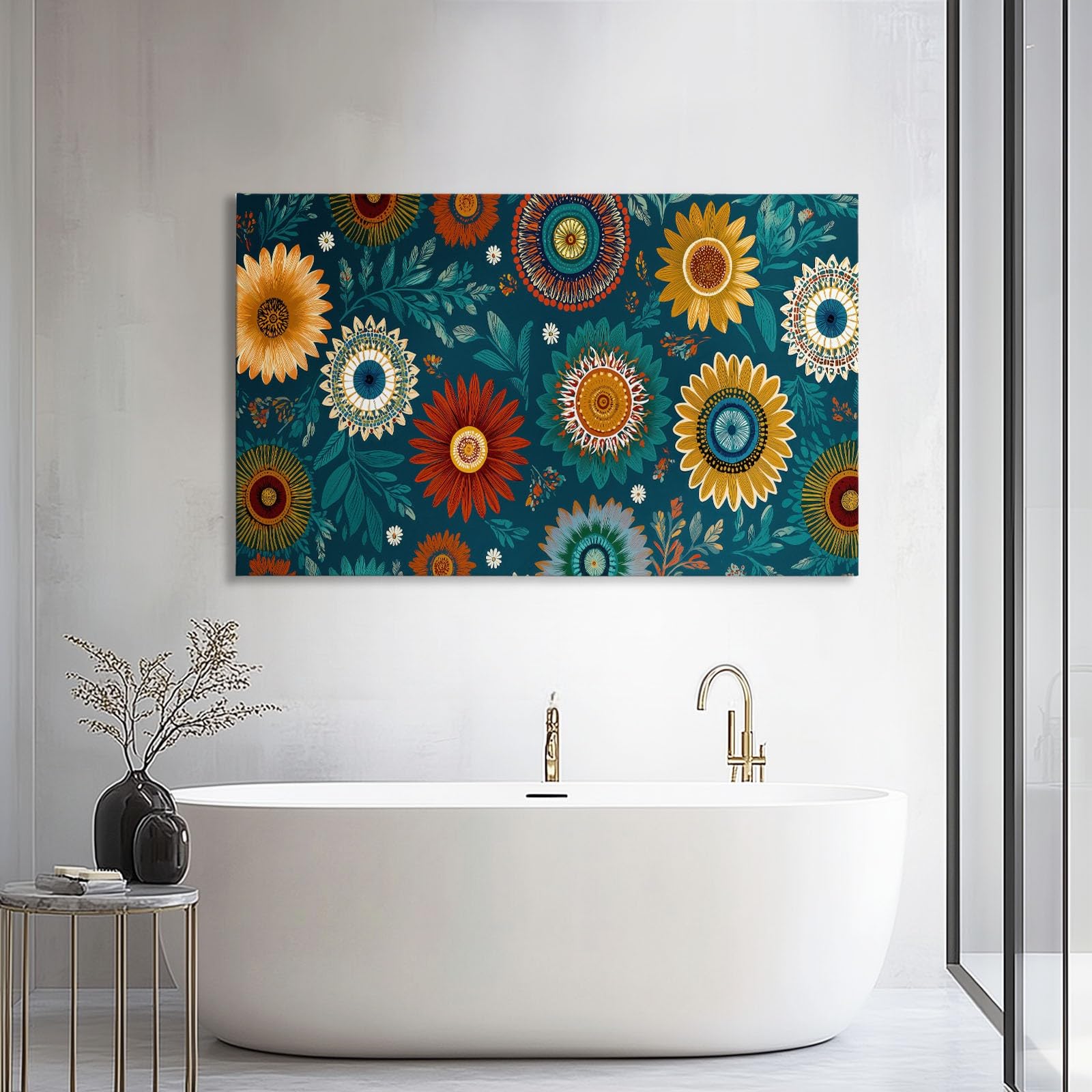 Boho Geometrisch Blumen Gänseblümchen Modernes Leinwandbild 120L x 60B cm mit Rahmen, Vintage XXL Wanddeko für Wohnzimmer Geschenk Idee Einzug - Hochwertiger Kunstdruck auf Holzrahmen