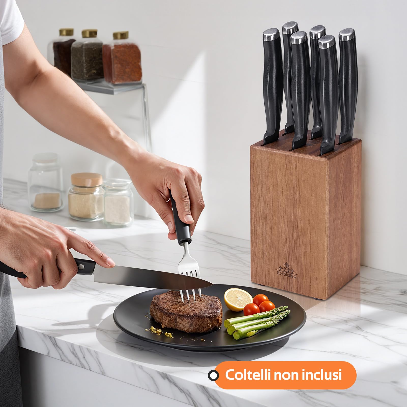 ENOKING Ceppo Coltelli da Cucina, Porta Coltelli Cucina da Bistecca a 6 Scomparti, Portacoltelli da Cucina in Legno di Acacia, Ceppo per Coltelli Bistecca Vuoto - Design Compatto e Salvaspazio