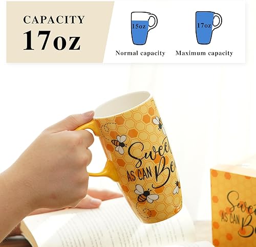 Miniatura 3 de Taza de viaje de café de cerámica con asa y tapa deslizante resistente a salpicaduras, taza de arte de abeja de té alta de porcelana de gran