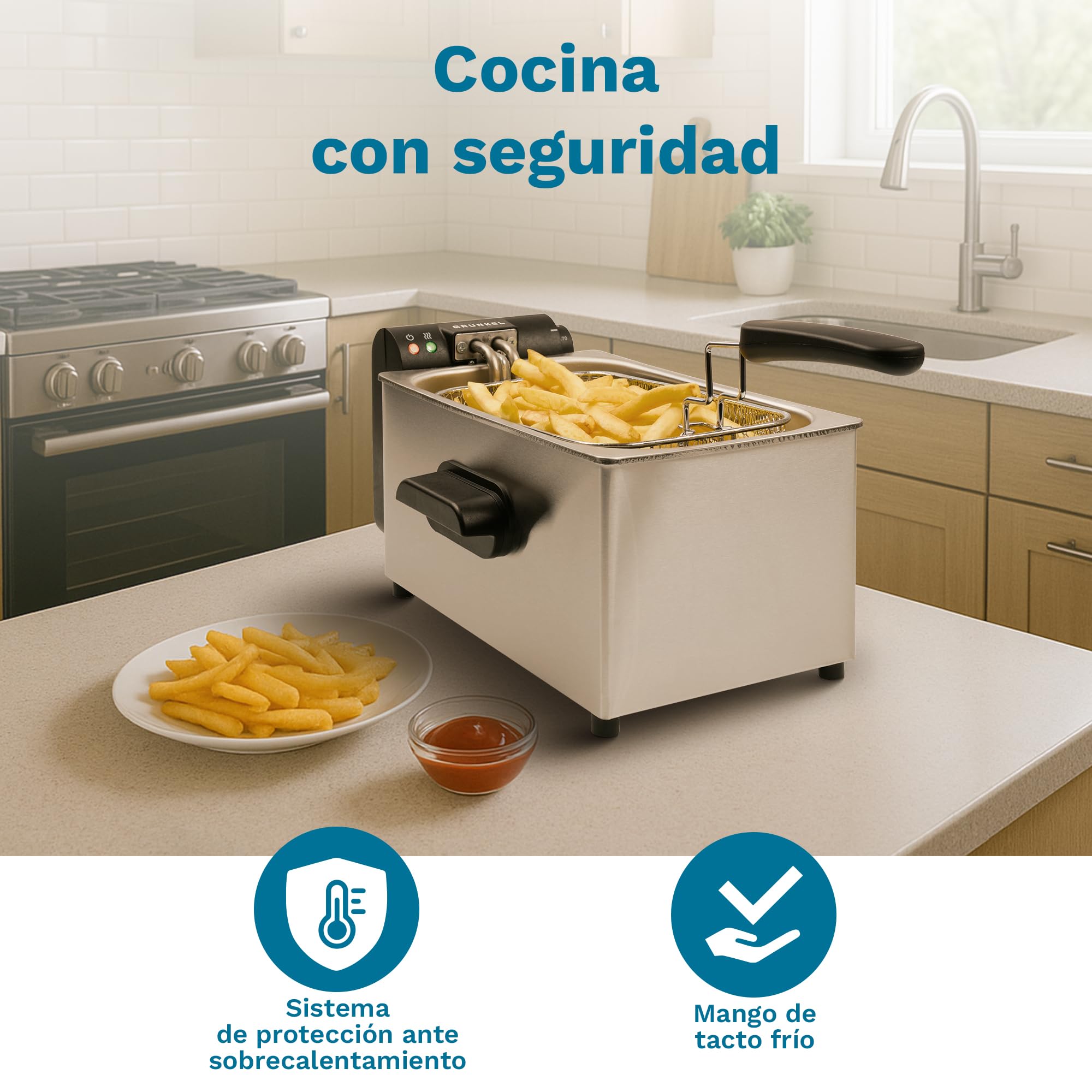 Grunkel Freidora de aceite FRYPRO-3SS con 2000W y cubeta en acero inoxidable con tecnología de zona fría, 3 litros de capacidad y con control de temperatura hasta 190°C