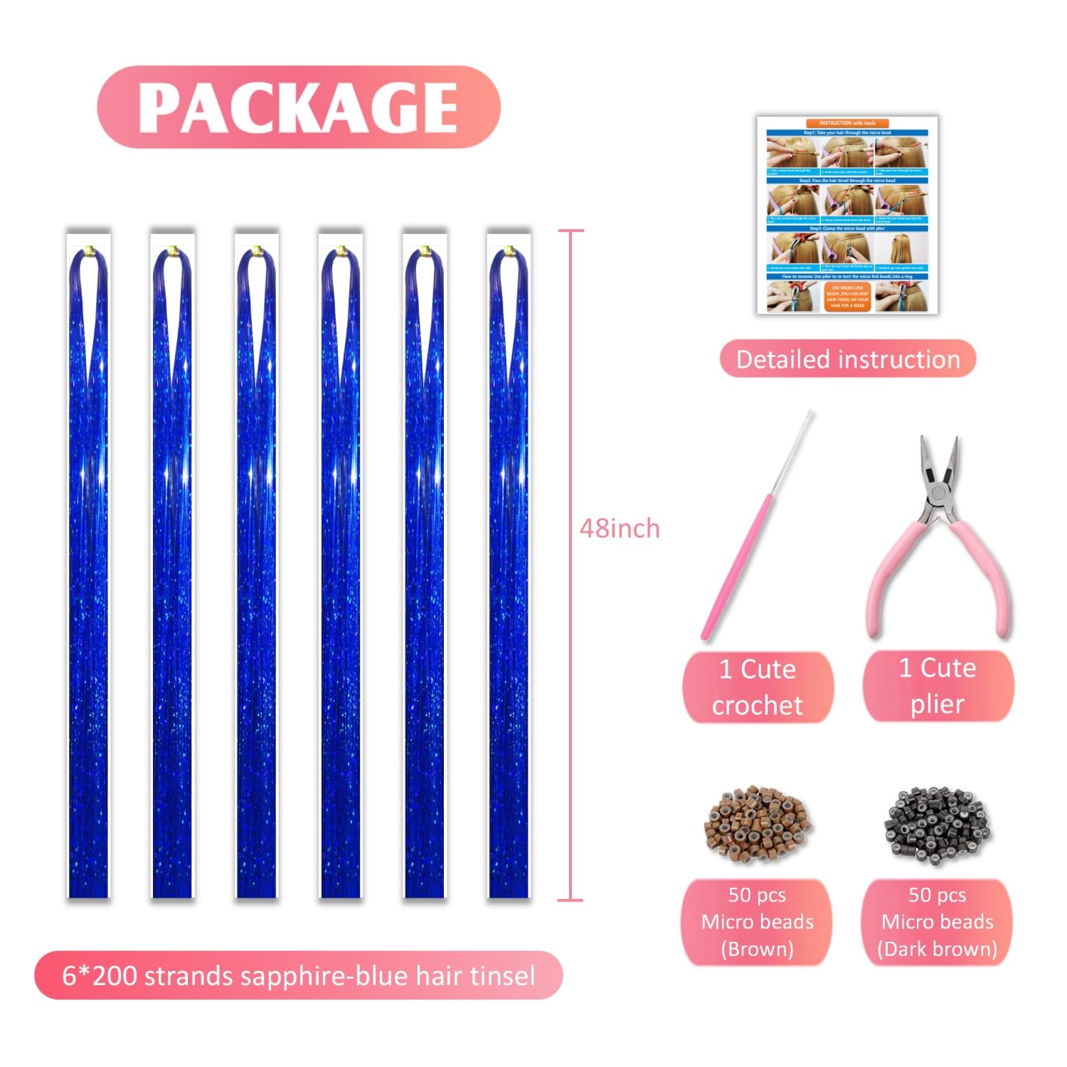 Sapphire Blue Hair Tinsel Kit 48 Inches 1200 Strands with Tools and Instruction Easy to Install Fairy Glitter Tinsel Hair Extensions for Women and Girls，Shinny Sparkling Braiding Hair Accessories