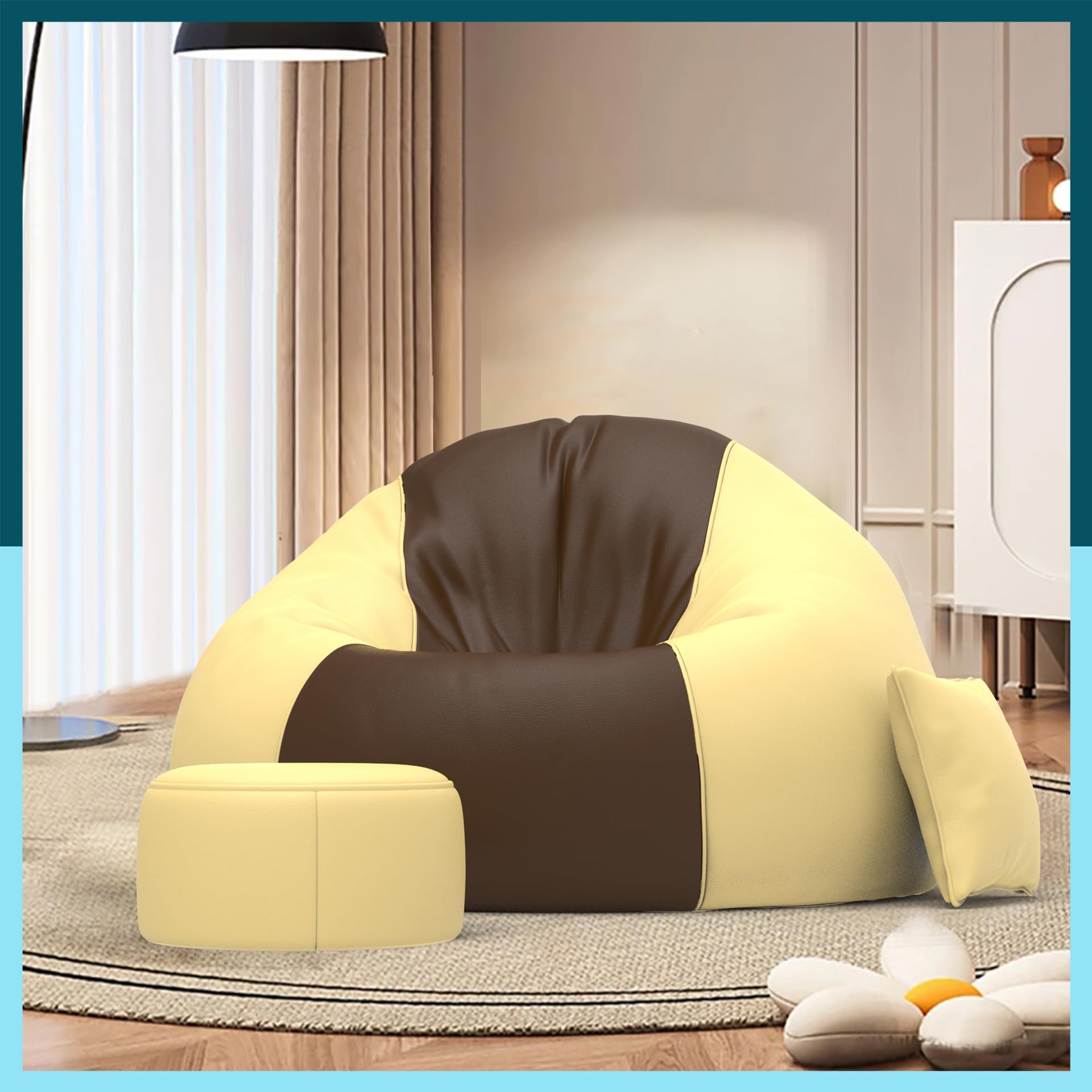 Biggie Bean Bag with Beans Filled 5XL Bean Bag Sofa with Free Cushion Footrest - Official : DuoChill Bean Sofa Combo (Matching Color : Regular, Brown Cream)