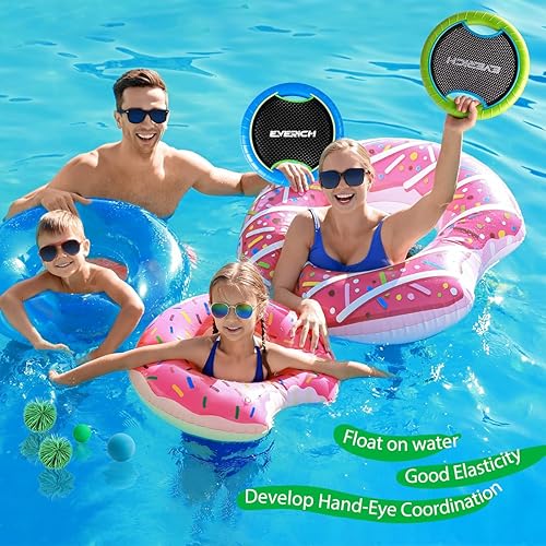 Vista 5 de EVERICH TOY Juego de pelotas de remo para cama elástica con 2 paletas hinchables y 4 bolas, diseño de espuma suave para que los niños jueguen