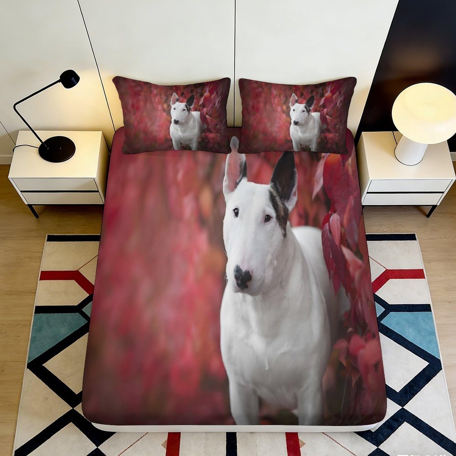 3D Printed Bull Terrier Dog Fitted Sheet Microfiber Bedroom Decor Red Artistic Bed Cover for Home Dorm Guest Room 90x200x25cm