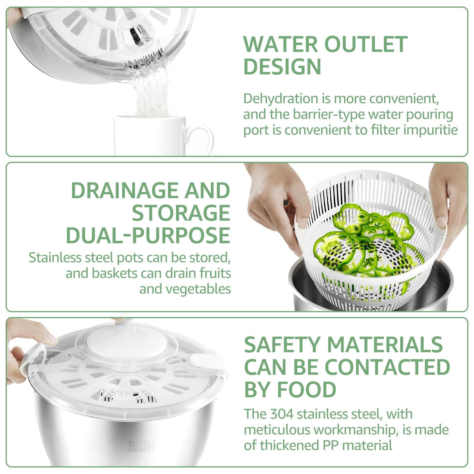 THEGA Secador De Verduras De 5 L, Centrifugadora De Lechuga De Acero Inoxidable 304, Secadora De Lechuga, Centrifugadora De Lechuga Multiusos, Centrifugadora De Ensalada con Orificio De Drenaje