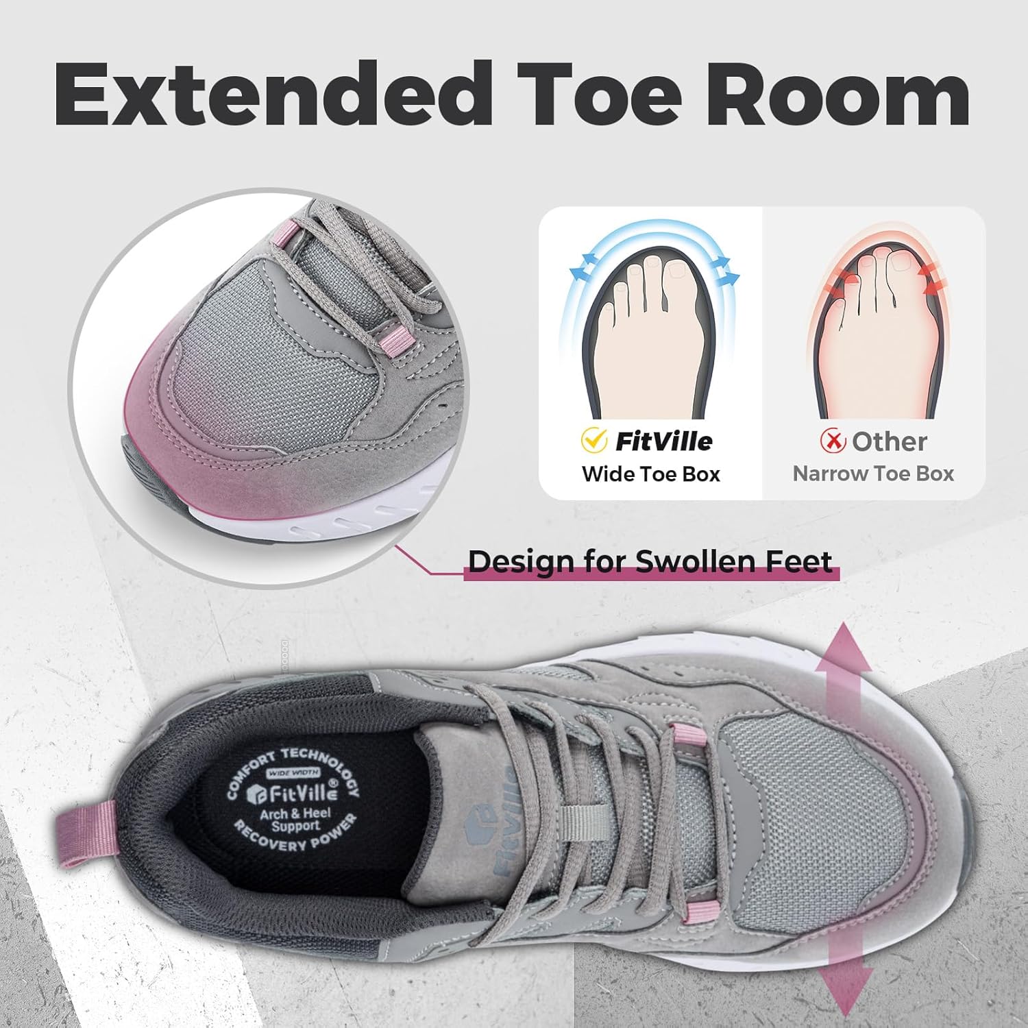 FitVille Extra Wide Walking Shoes Women Wide Width Workout Sneakers with Arch Support for Flat Feet Heel Pain Relief - Rebound Core V9 - Image 3