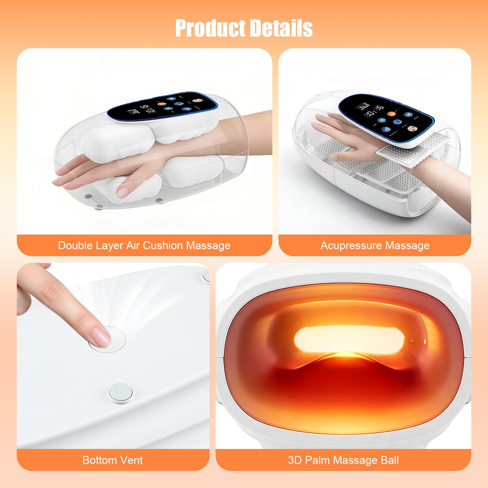 Massaggiatore manuale con compressione e calore, 3 modalità di massaggio e 5 livelli di intensità, massaggiatore manuale senza fili USB, riscaldamento per 5-8 secondi, allevia il dolore nell'artrite