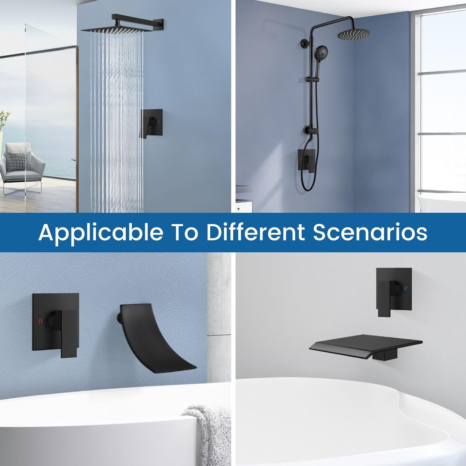 Airuida Single Handle Shower Valve Trim Kit – Wall Mount Brass Rough-in Valve with Female Thread Connection,Square Shower Handle with 5.5 Inch Cover Plate – Matte Black
