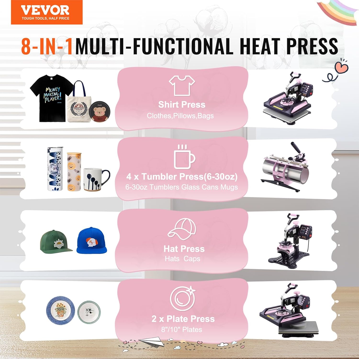 Подробный view of the VEVOR heat press control panel showing temperature and time settings, and the adjustable pressure knob.