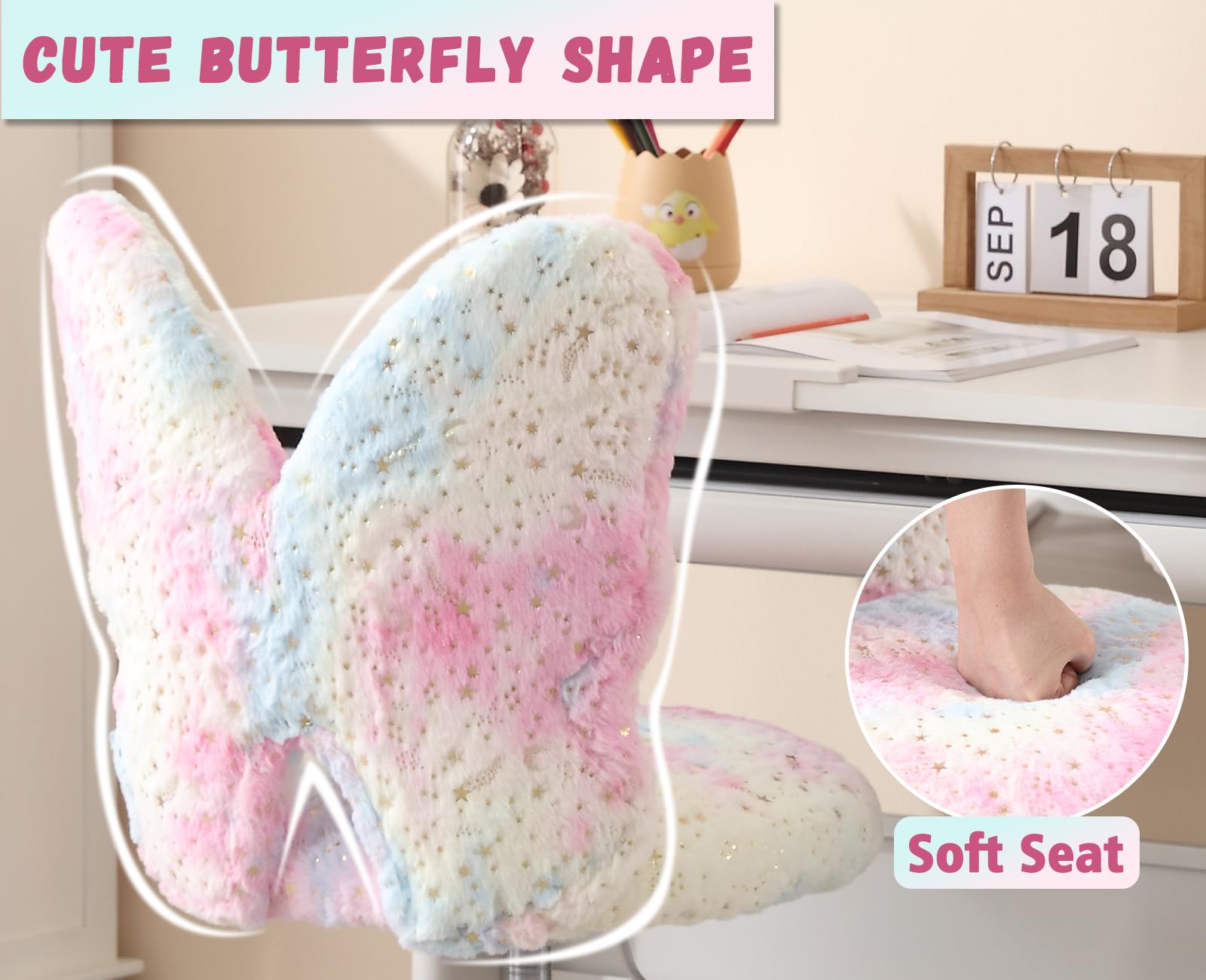 chairus Kunstfell Kinder Schreibtischstuhl für Kinderzimmer Höhenverstellbarer Jungendstuhl ohne Armlehne Drehstuhl für Kinder (Rosa)