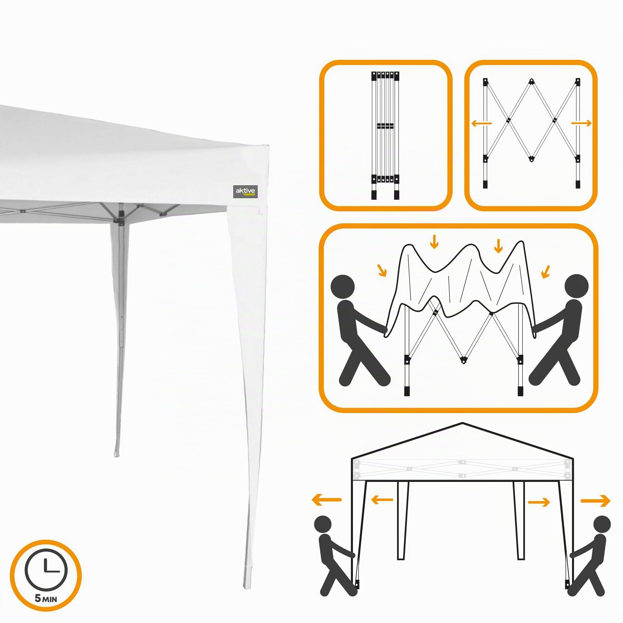 AKTIVE Tonnelle Pliante Réglable 300X300X240, 250 cm Blanche, Hauteur Réglable sur 3 Positions, Structure Métallique Robuste, Toit Étanche, Montage Rapide sans Outils (62187)