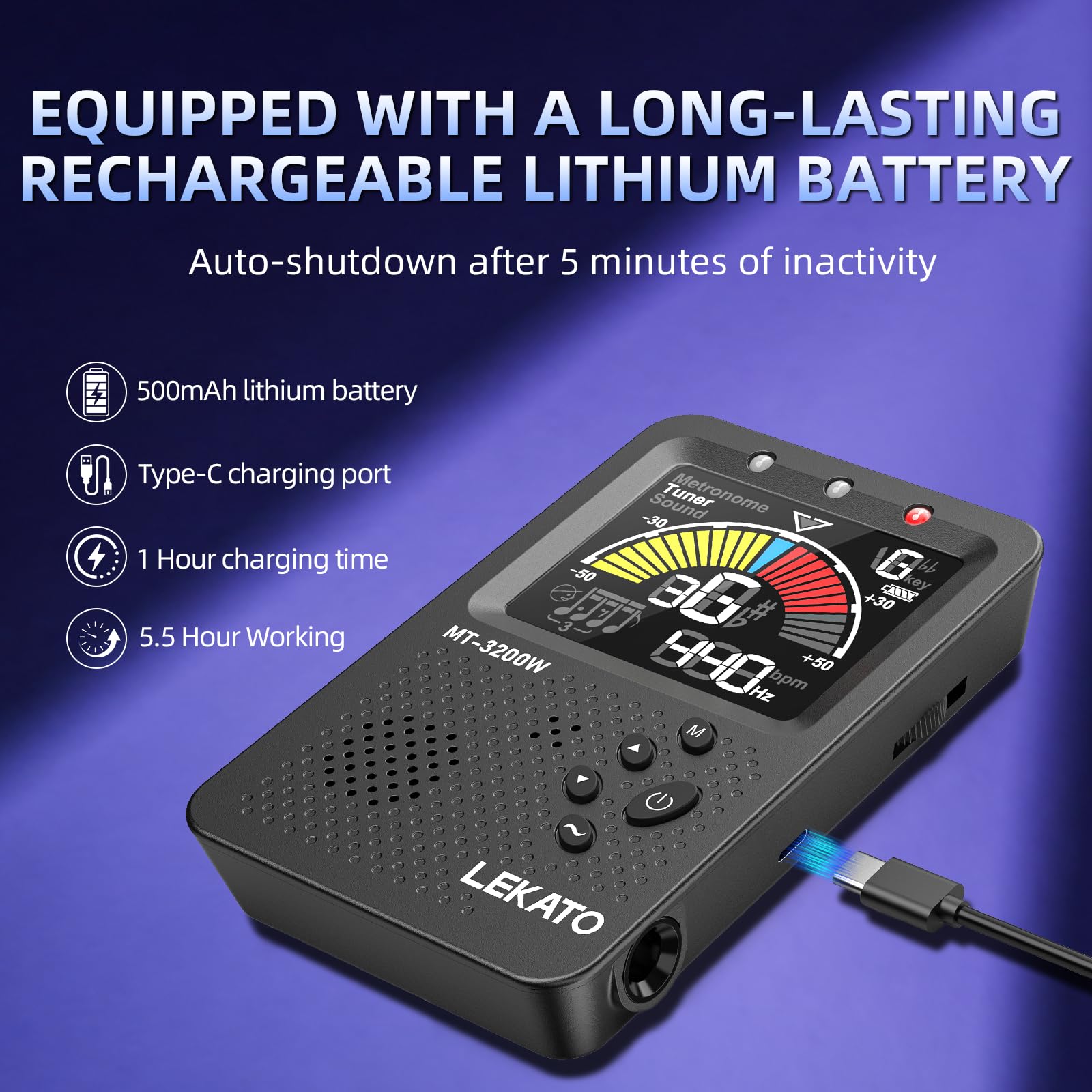 LEKATO Accordeur de métronome numérique rechargeable 3 en 1 avec battement de voix humaine pour tous les instruments - guitare, basse, violon, ukulélé accordeur chromatique multifonction (noir)