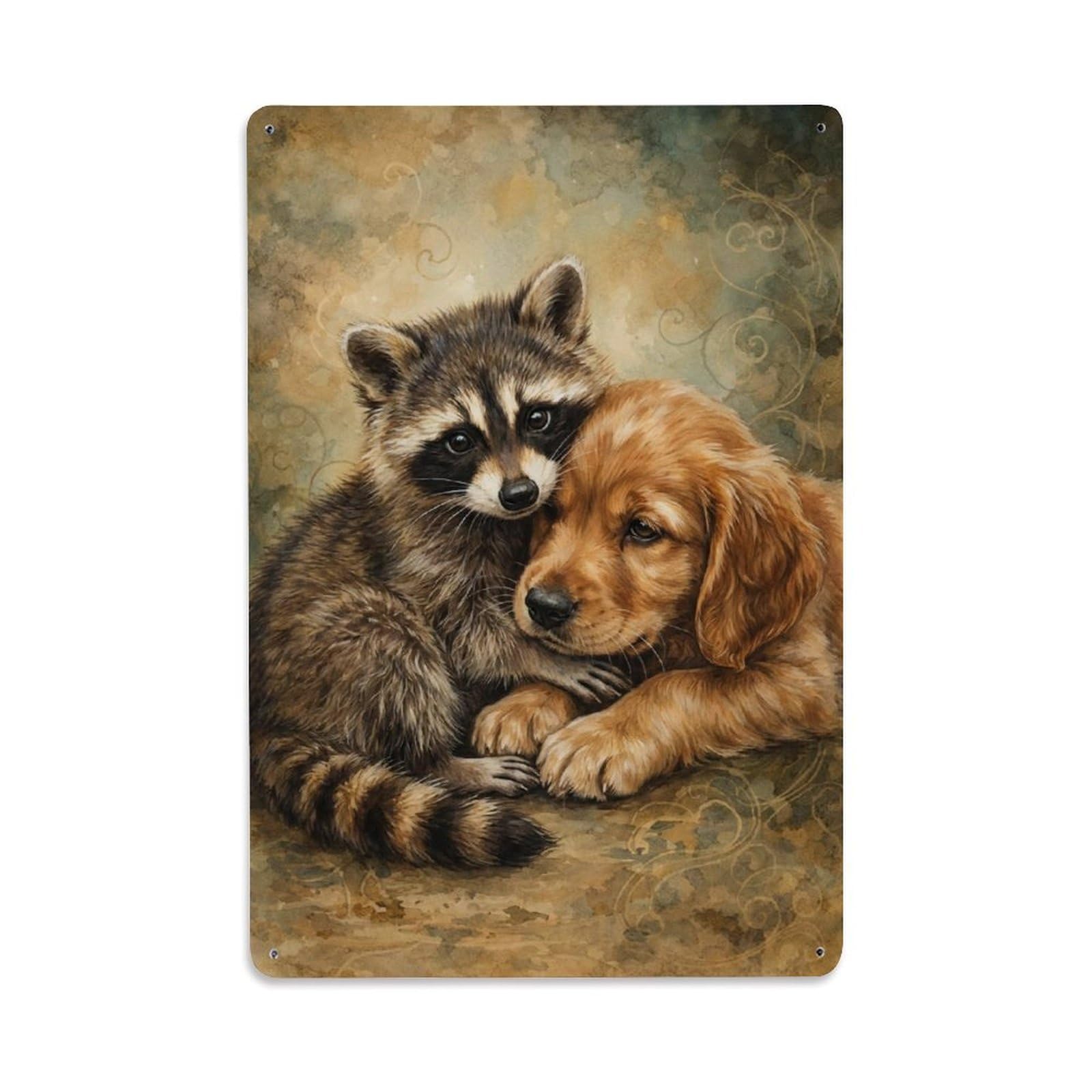 Metal Tin Sign Vintage Animal Cute Puppy & Raccoon Animal Friendship