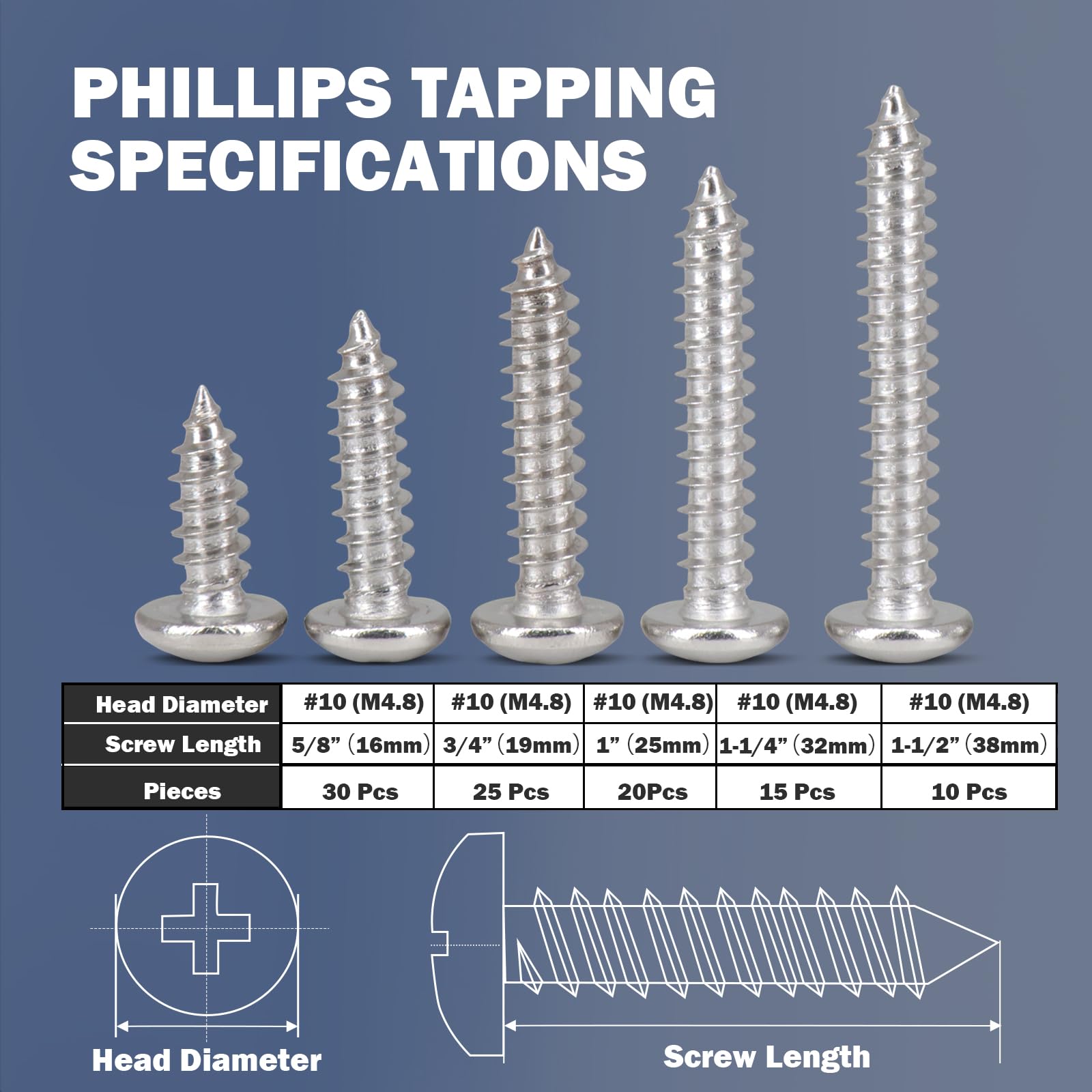 Wood Screw Assortment Kit, 304 Stainless Steel self Tapping Screw 100PCS, Phillips Tips, Screws Set, Screws Assortment,5 Sizes #10?5/8inch?3/4inch?1inch?1-1/4inch?1-1/2inch?