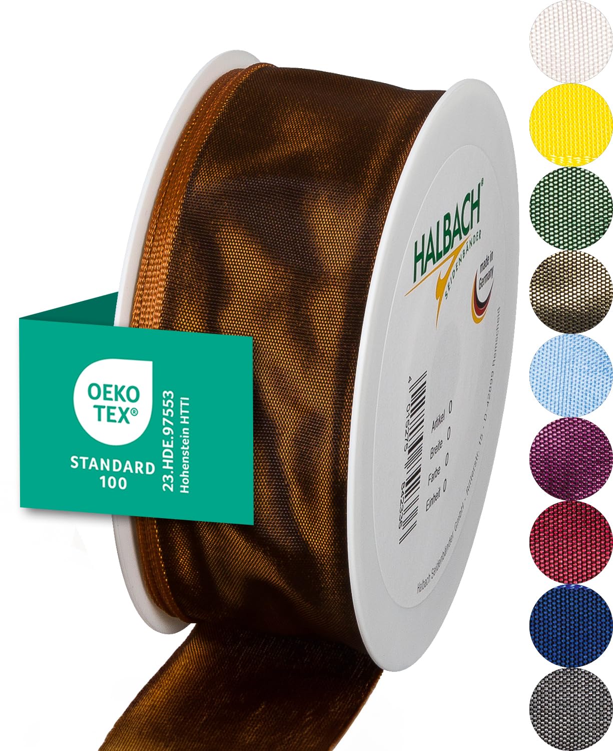 Halbach Seidenbänder Premium Geschenkband mit Drahtkante | Breite 40mm Länge 25m | Öko-Tex 100 zertifiziertes Schleifenband | Taftband Made in Germany, Farbe: cognac