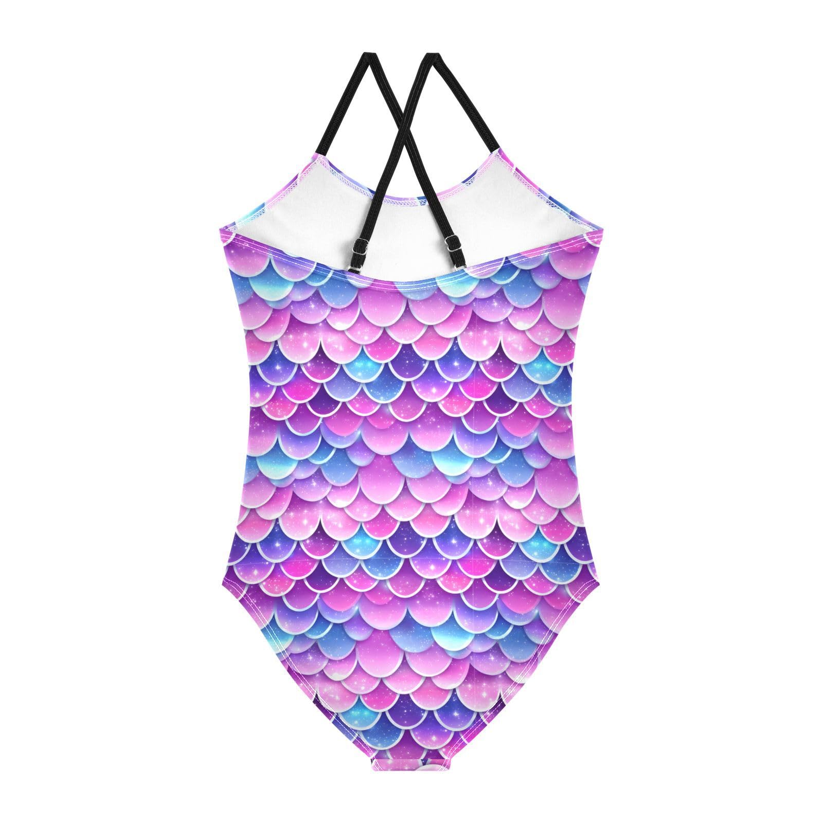 Mermaid Scales Pattern Girls Swimsuits Quick Dry Crossback One Piece Beach Swimwear Bathing Suit, 7-8T