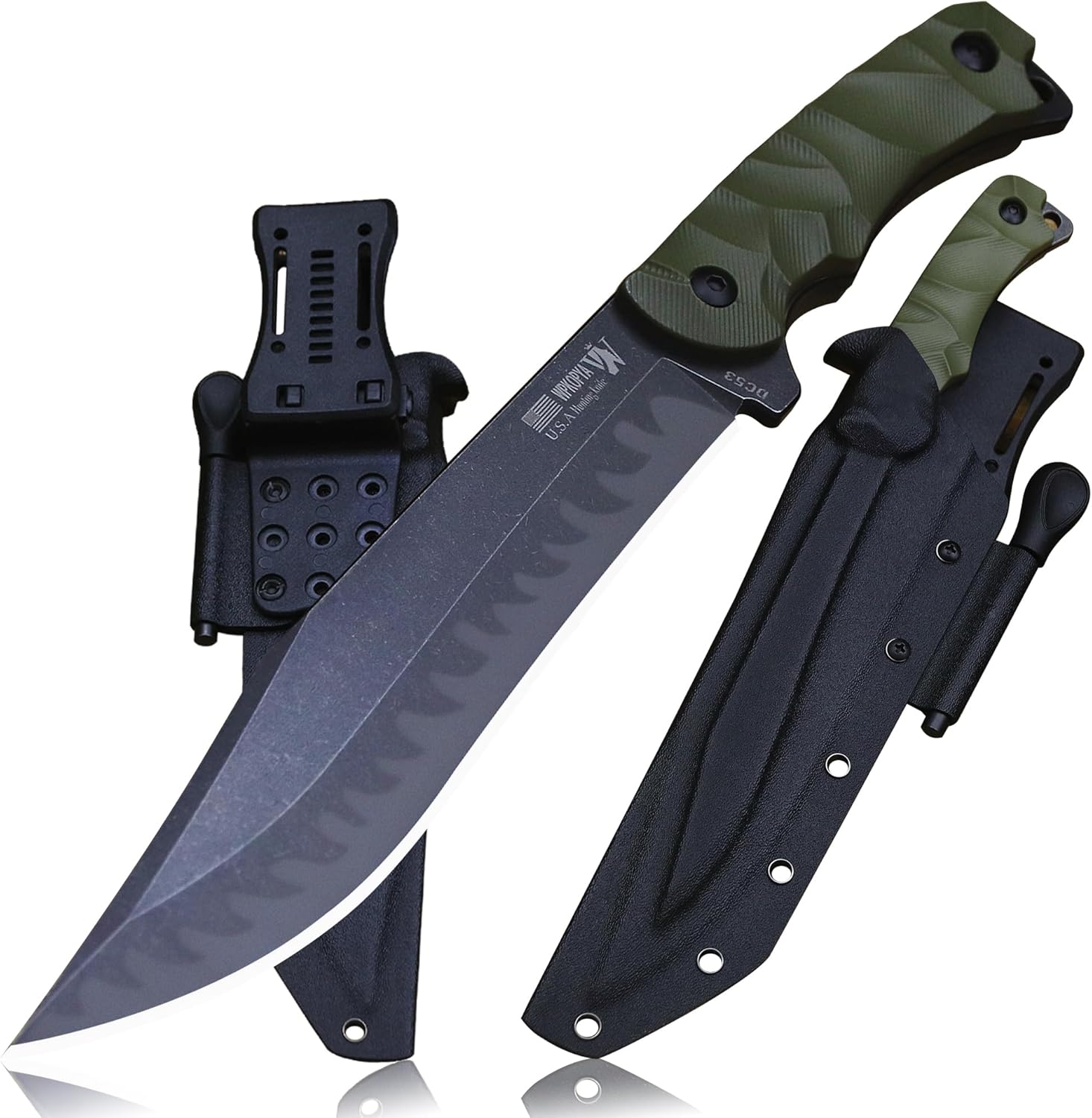 12.8'' green handle DC53 steel full tang hunting knife + K sheath & Cerium Igniter, suitable for outdoor camping, wilderness survival, hunting, fishing, and EDC use Military green