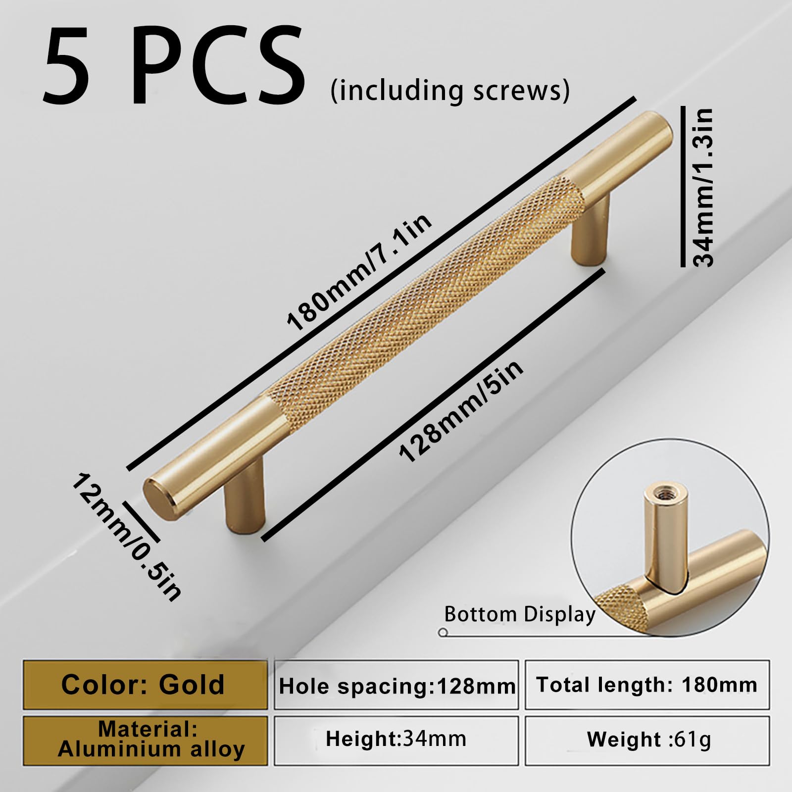 Bikasun 5 PCS Gold Cabinet Handles 128mm(5 Inch) Hole Center, T Bar Modern Cabinet Pulls Kitchen Handles Cabinet - Image 2