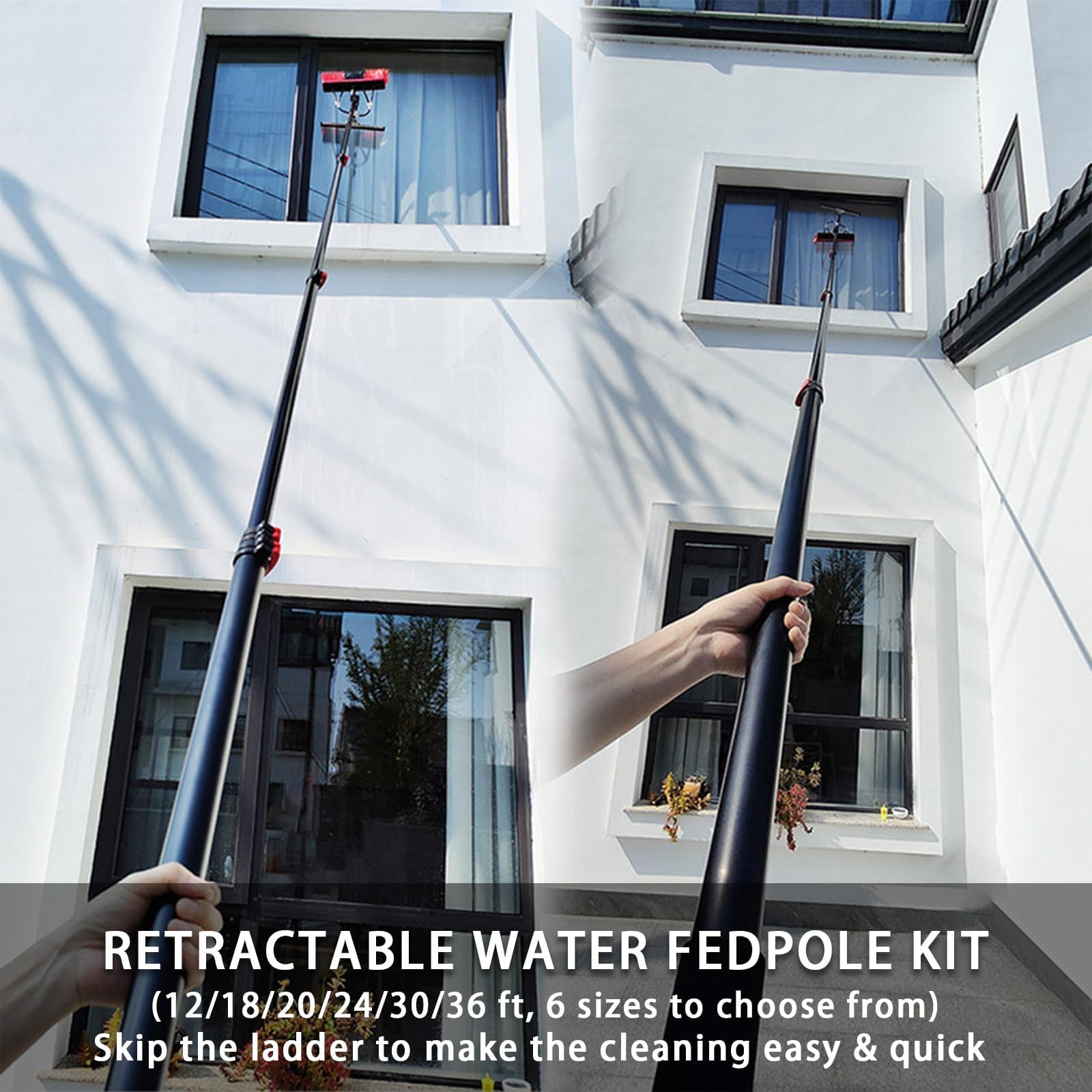 Kit de Limpieza de cepillos para Ventanas: con alimentación de Agua, escobilla de Goma y dispensador de jabón, Mango telescópico Extensible de 3,6 a 10,8 m, Equipo de Limpieza (35