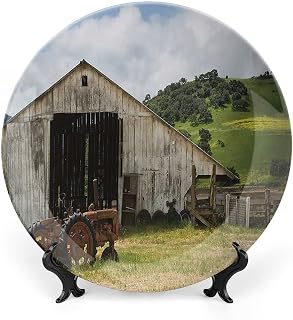 XISUNYA 10 Inch Decorative Plate, Rustic Ceramic Craft, Old Wooden Barn with Rusted Tractor Hillside Enclosed Print Ornament Display Plate Handmade Plate Wedding Gifts, Green White