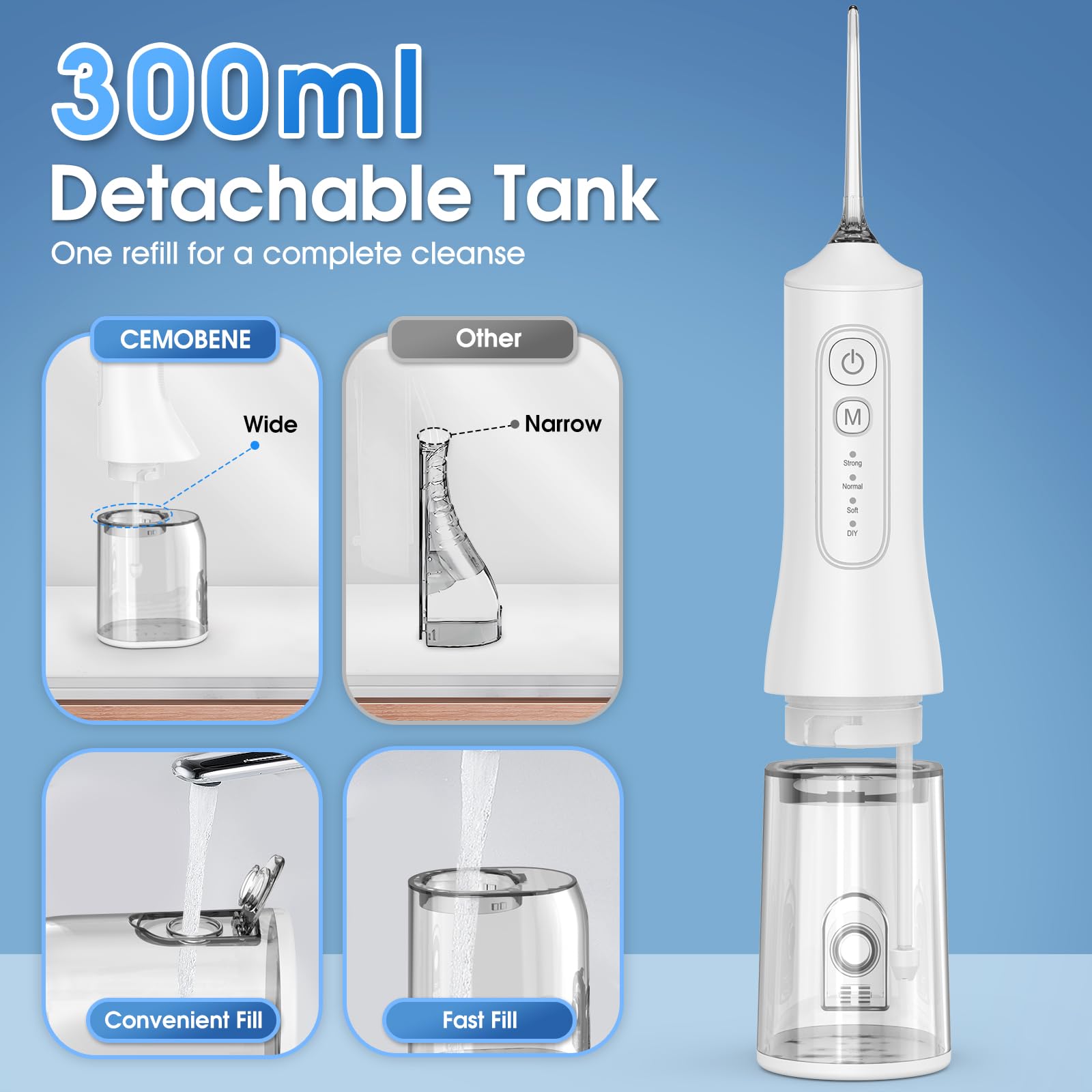 Wasserseide, wiederaufladbar, 300 ml, IPX7, wasserdicht, kabellos, tragbar, Munddusche mit 4 Modi und 6 austauschbaren Strahlspitzen, professioneller Zahnseidereiniger für den täglichen Gebrauch zu