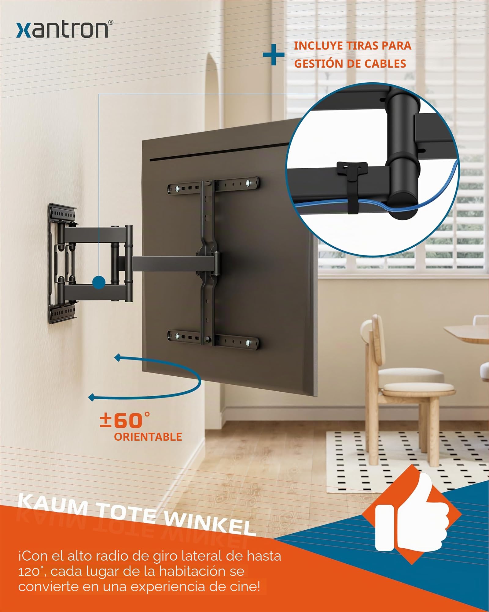 Xantron Slim Fit SLIMLINE-466US - Soporte de pared para TV (orientable, incluye accesorios, solo 27 mm de distancia a la pared, 43-90 pulgadas y VESA hasta 600 × 400, soporte ultra delgado para