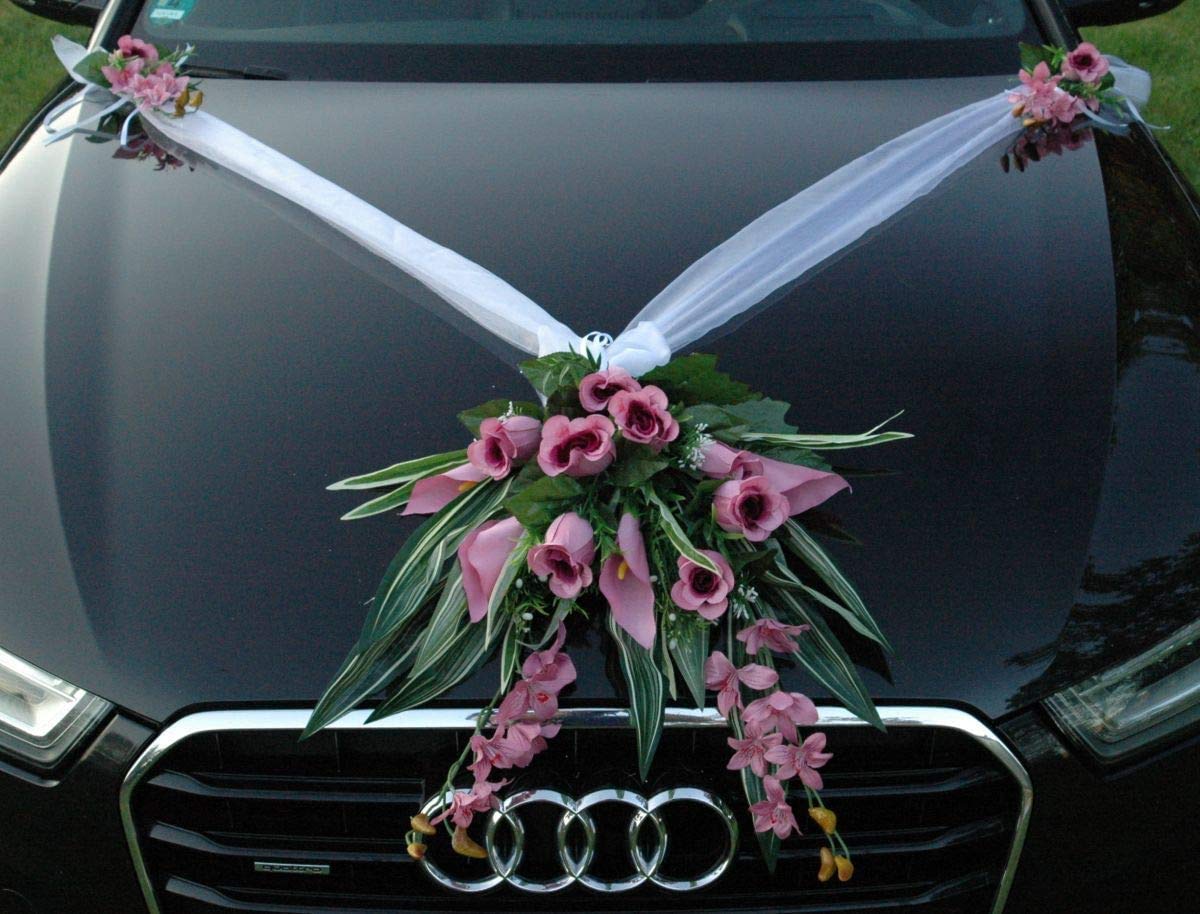 Autoschmuck – Décorations de voiture de mariage – Réalisées à partir de roses et de dentelle
