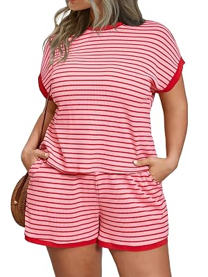 Beautife Womens Plus Size Lounge Set 2 Piece Outfits Stripe Short Sleeve Shirts Tops Shorts Summer Casual Loungewear